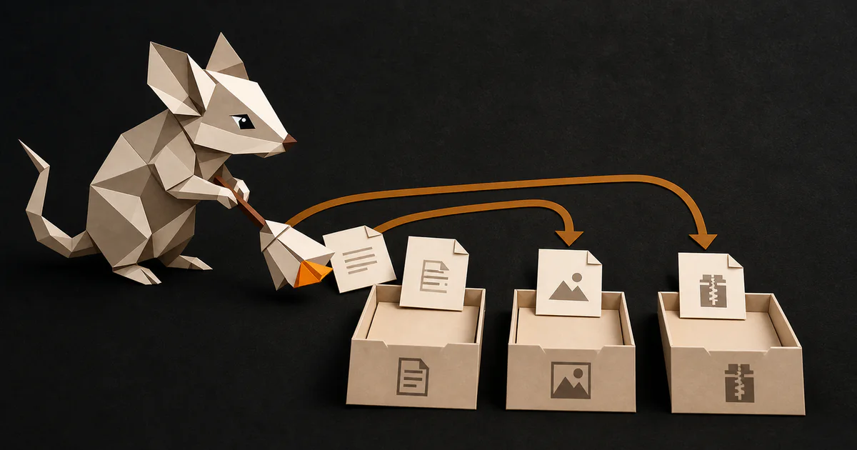 The Mouzi mouse sorting document, image and archive files into separate folders