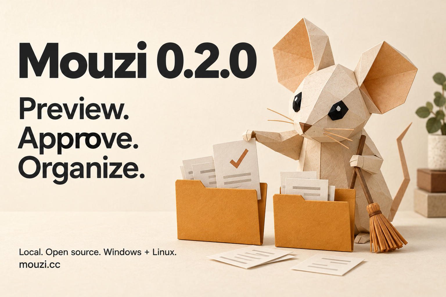 An origami mouse sorts papers into orange folders beside the words Mouzi 0.2.0: Preview. Approve. Organize.