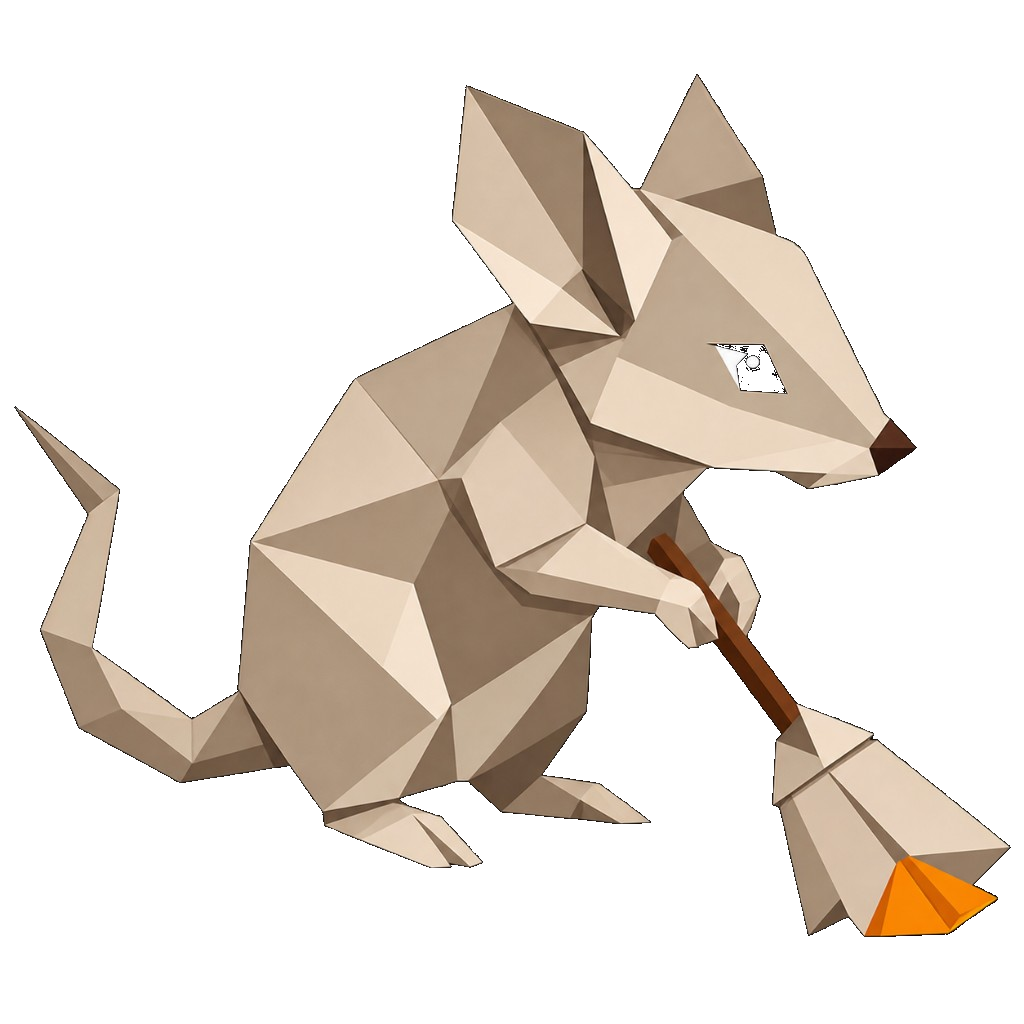 Mouzi mascot, a low-poly mouse with a broom