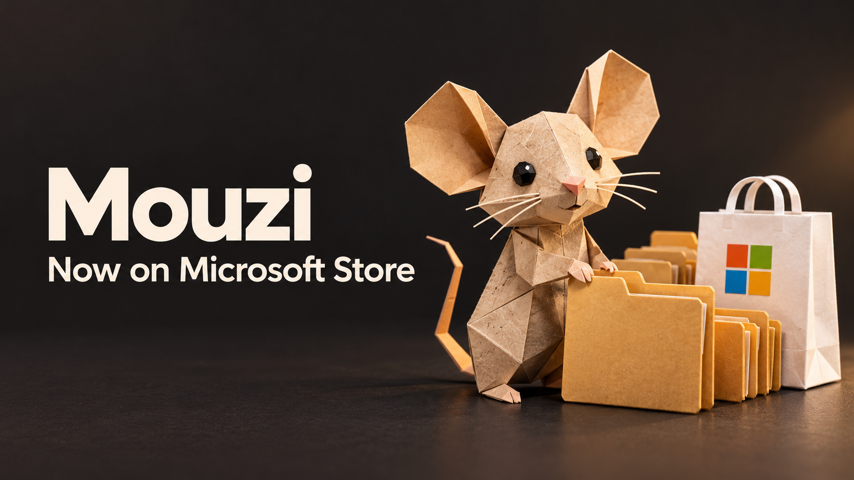 A paper mouse beside amber file folders and a Microsoft Store shopping bag, with the words Mouzi: Now on Microsoft Store.