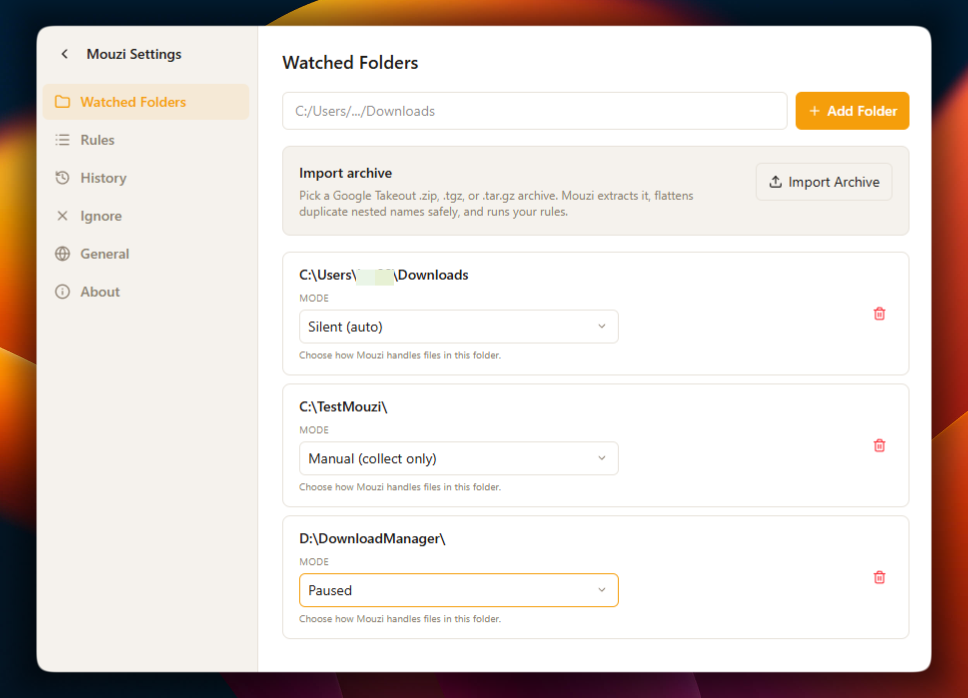 Mouzi settings showing watched folders in Silent, Manual and Paused modes