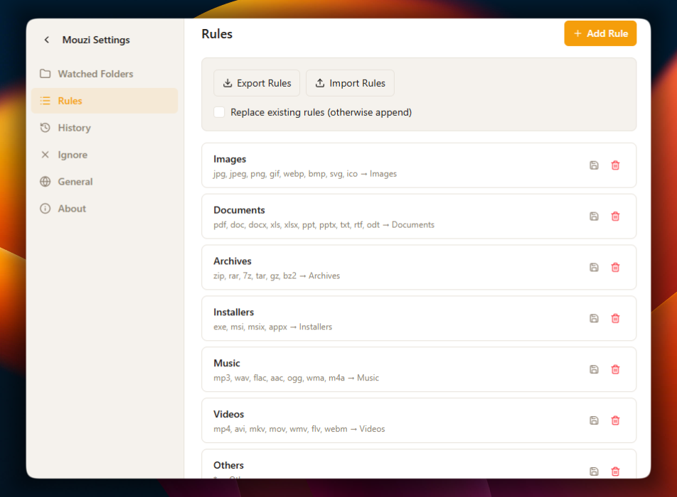 Mouzi rules view listing rules for common file types