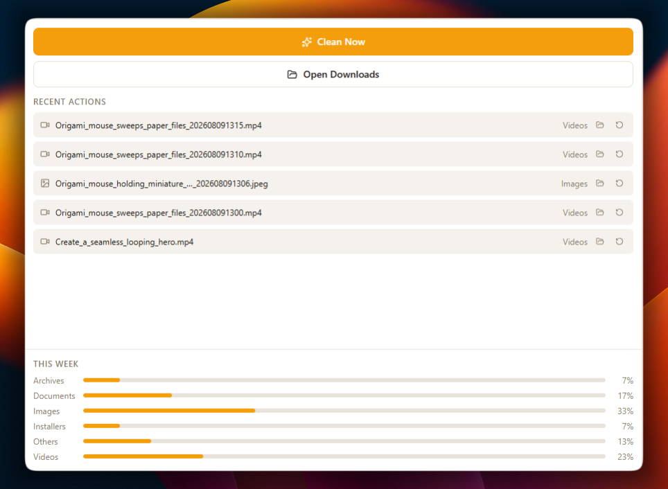 Mouzi recent actions with destination folders and undo buttons