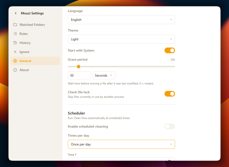 Mouzi general settings with grace period and file lock controls